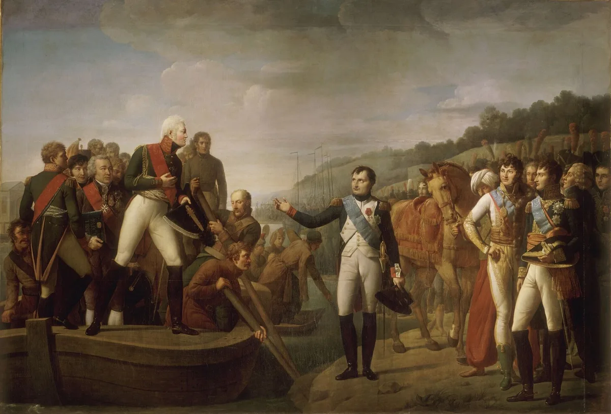 Прощание Наполеона и Александра I после Тильзитского мира, 9 июля 1807 (Дж. Серанджели, 1810) — переговоры шли на плоту посреди Немана как знак равноправия сторон