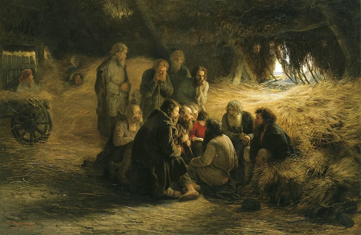 «Чтение манифеста 19 февраля 1861 года» (Г. Мясоедов, 1873) — крестьяне разбирают текст в риге; грамотных в деревне почти не было