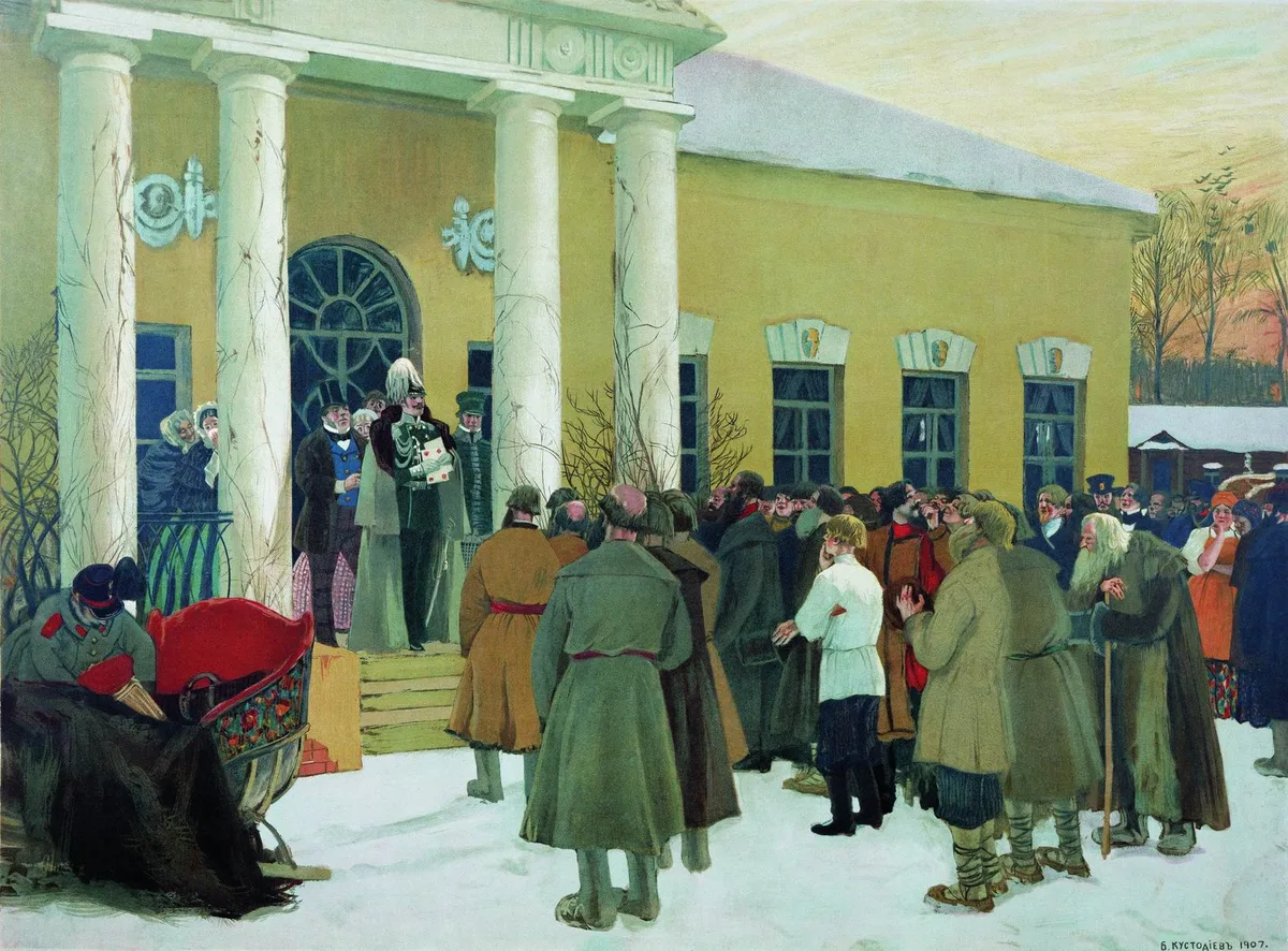 «Освобождение крестьян. Чтение манифеста» (Б. Кустодиев, 1907) — оглашение манифеста у барского дома