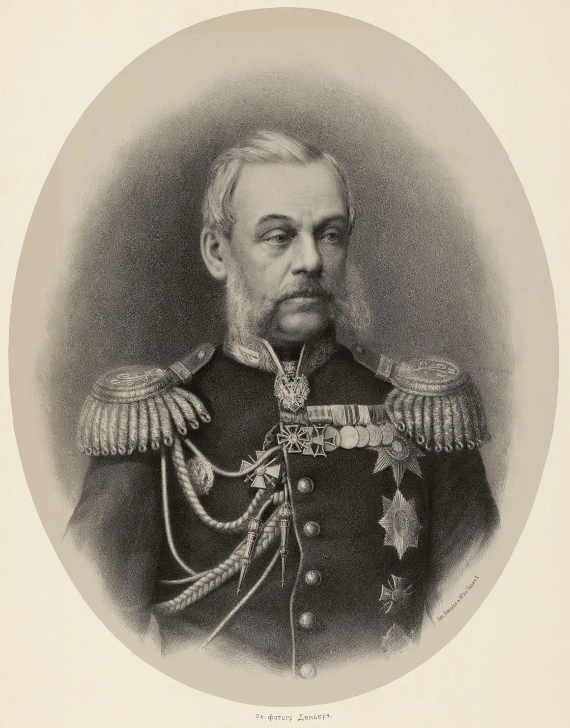 Д. А. Милютин — военный министр, автор реформ 1864–1874 гг. и всеобщей воинской повинности (литография с фотографии Деньера)