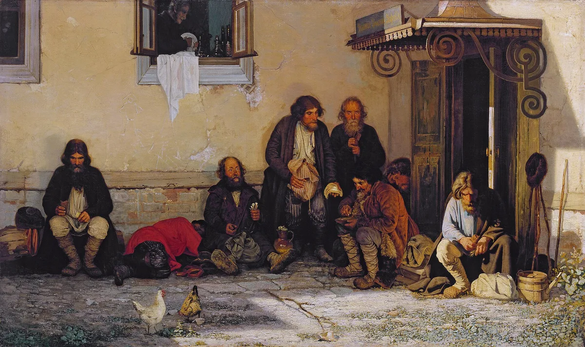 «Земство обедает» (Г. Мясоедов, 1872) — крестьяне-гласные обедают на крыльце, пока в окне слуга моет посуду после обеда господ