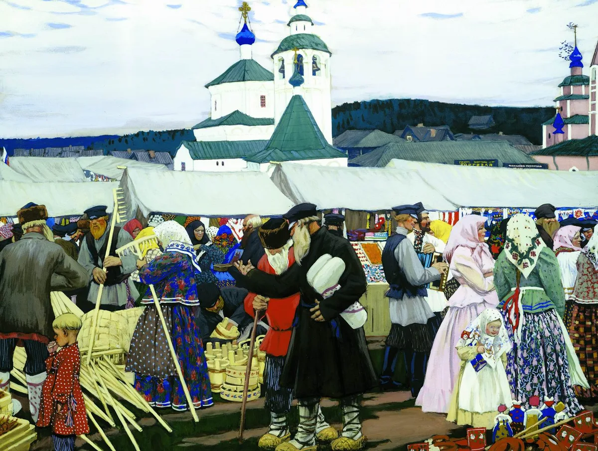 «Ярмарка» (Б. Кустодиев, 1906) — пореформенная деревня втягивалась в рыночные отношения