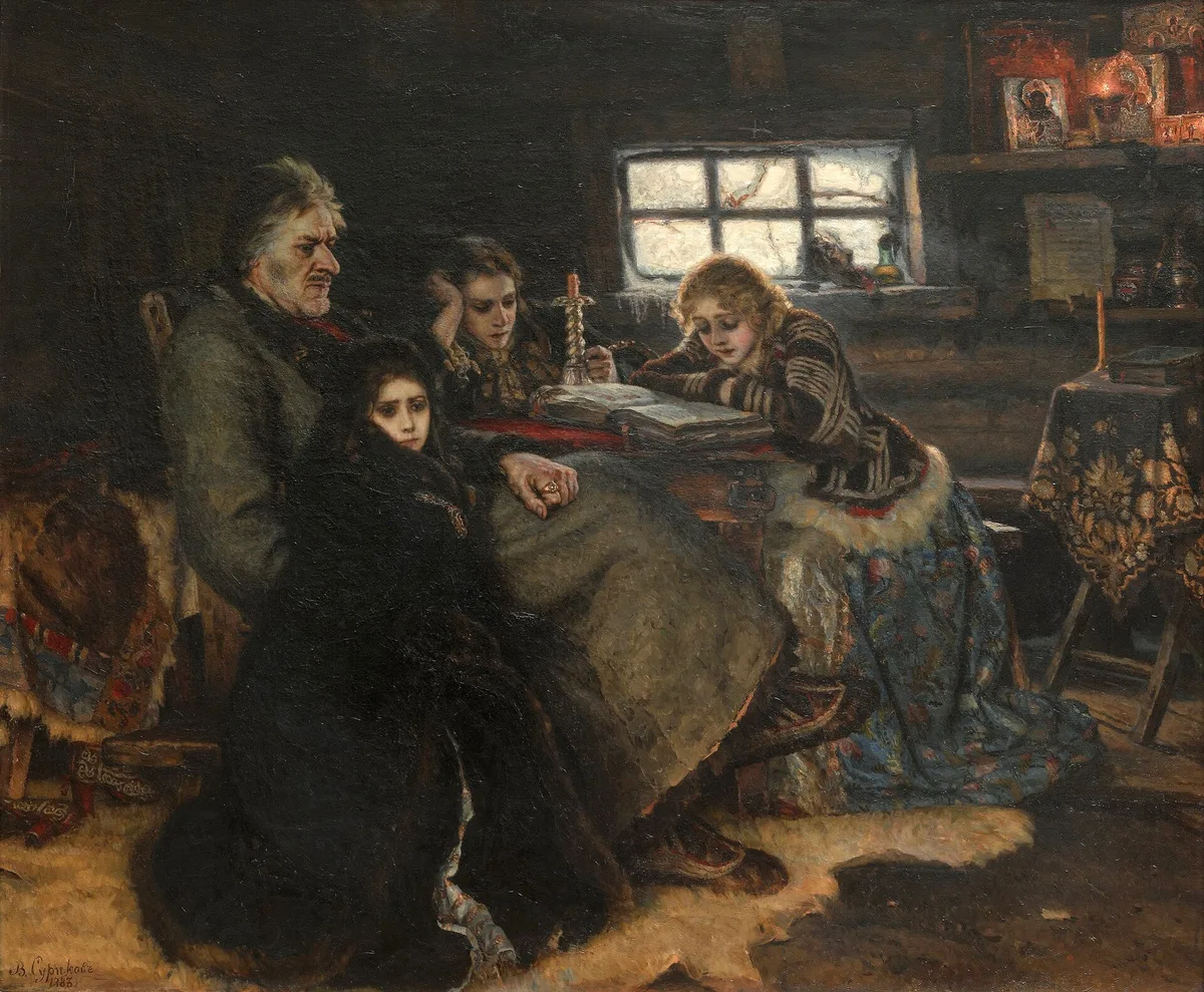 «Меншиков в Берёзове» (В. Суриков, 1883) — падение «полудержавного властелина»: в 1727 г. сослан в Сибирь, умер в 1729 г.