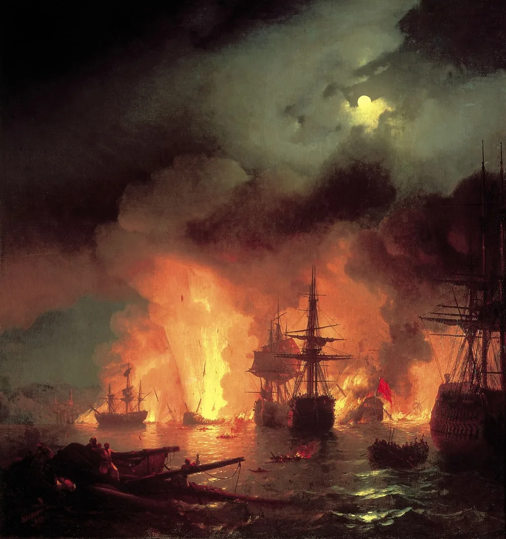 Чесменское сражение 1770 г. (И. Айвазовский) — разгром турецкого флота в русско-турецкой войне 1768–1774 гг.
