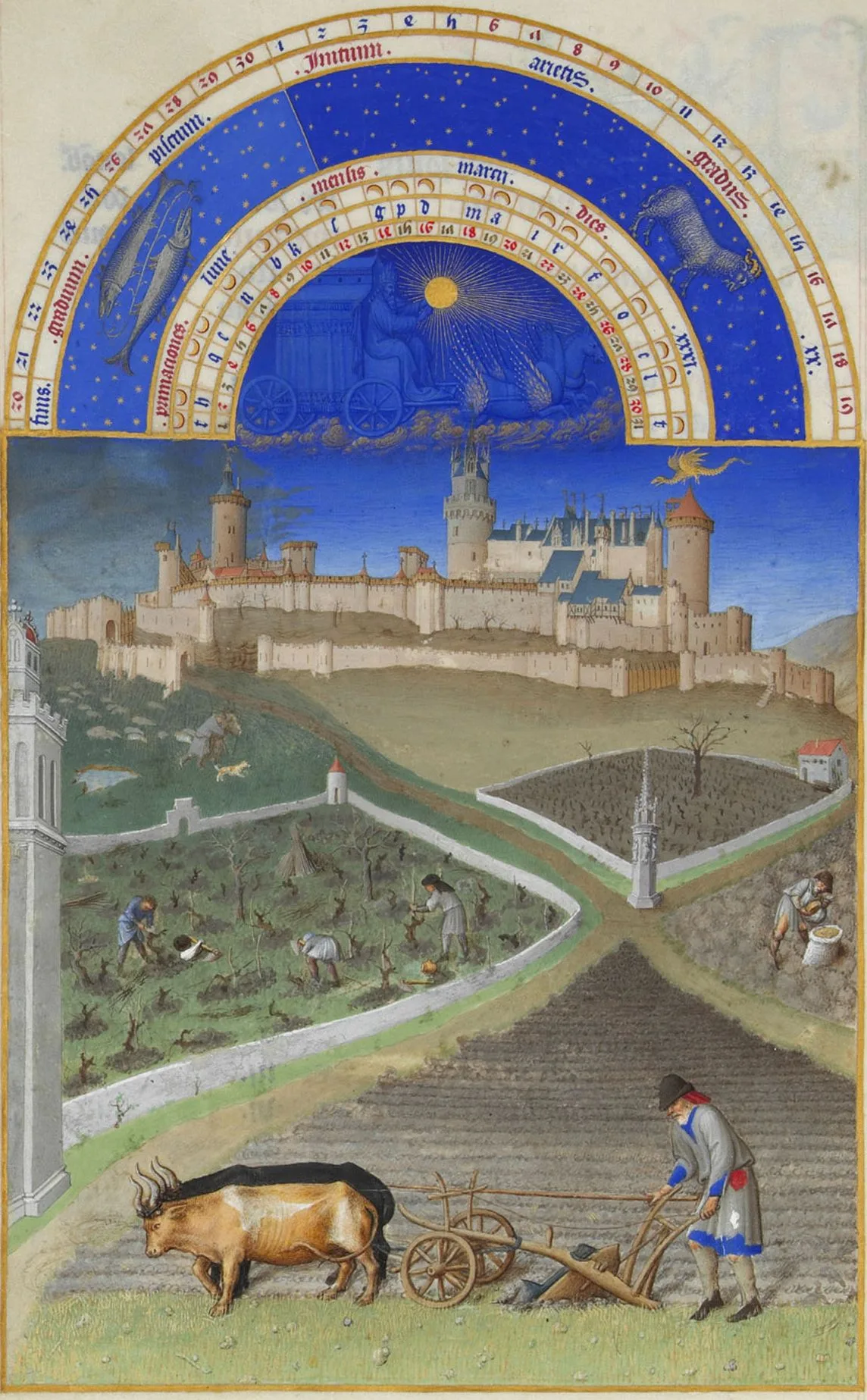Март из «Великолепного часослова герцога Беррийского» (1412–1416): крестьяне пашут и работают в винограднике, над ними — замок сеньора