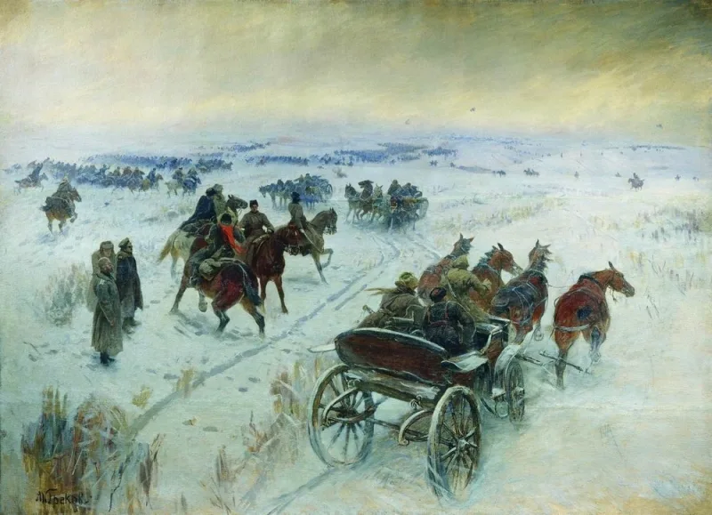 Тачанка на зимней дороге (М. Греков). Художник сам служил в 1-й Конной армии и писал Гражданскую войну по свежим впечатлениям; тачанка — пулемётная повозка — стала главным символом манёвренной войны на юге