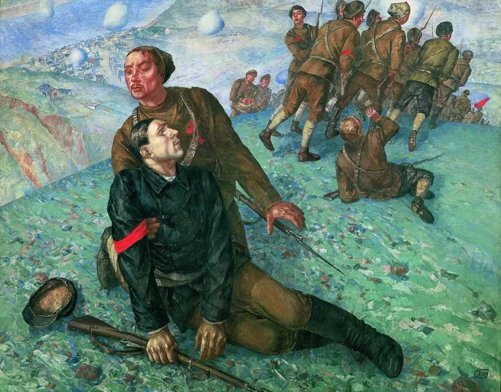 «Смерть комиссара» (К. Петров-Водкин, 1928). Картина написана по заказу Реввоенсовета к выставке «10 лет РККА»: тема жизни, жертвенности и смерти впервые решена здесь в образах героев революции
