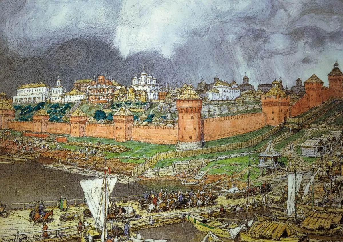 «Московский Кремль при Иване III» (А. М. Васнецов) — новые краснокирпичные стены
