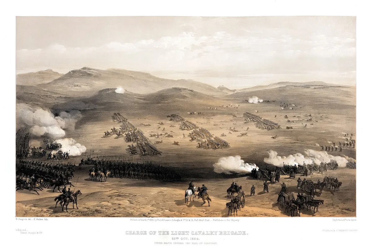 «Атака лёгкой кавалерийской бригады, 25 октября 1854» (У. Симпсон, 1855) — под Балаклавой русская артиллерия уничтожила цвет английской аристократии