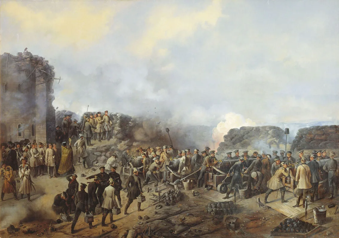 Оборона севастопольского бастиона (Г. Шукаев, 1856) — молебен под обстрелом, работа артиллерийской прислуги, разрушенная башня