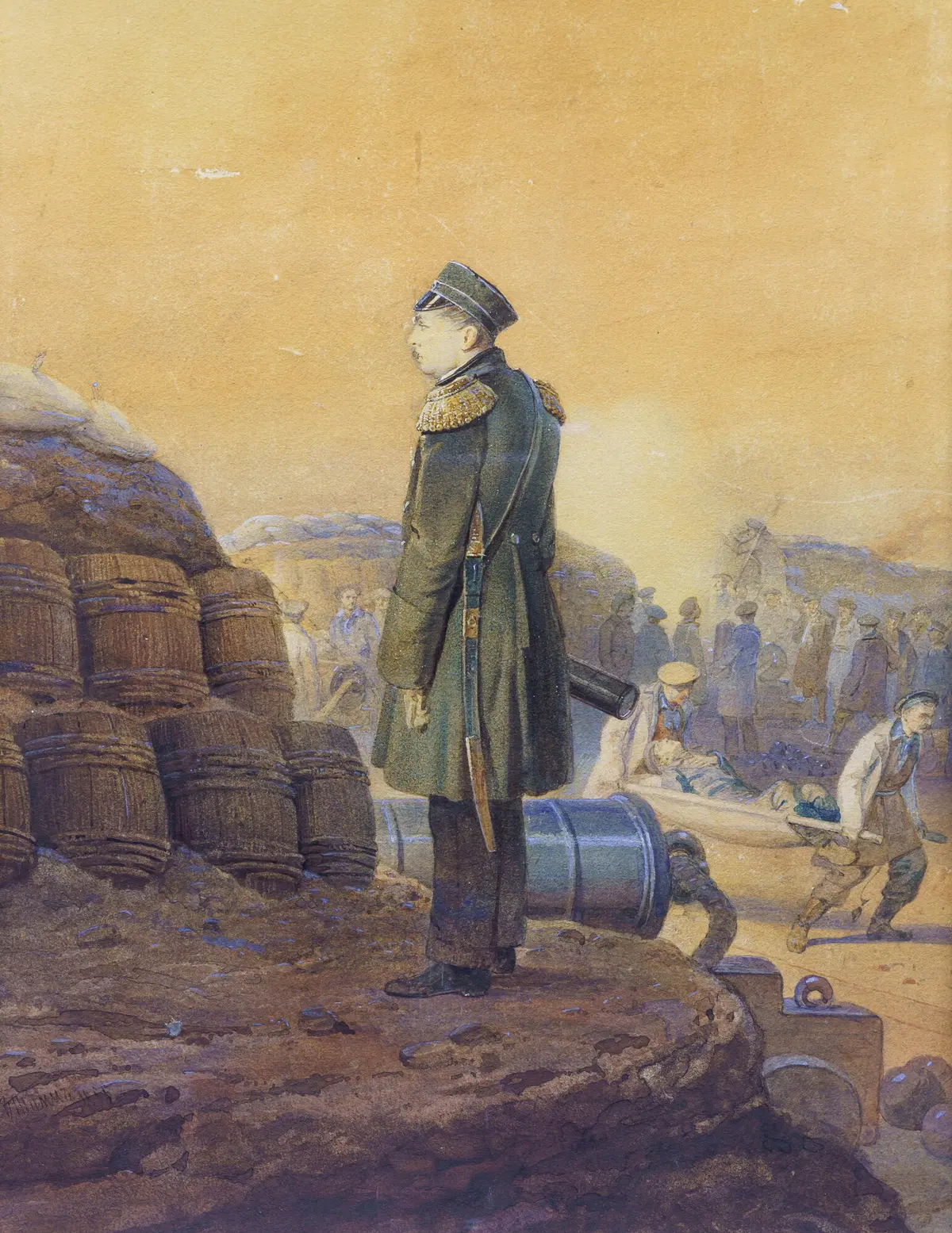 П. С. Нахимов на бастионе (В. Тимм, 1855) — прижизненная акварель: адмирал под огнём, за спиной уносят раненого