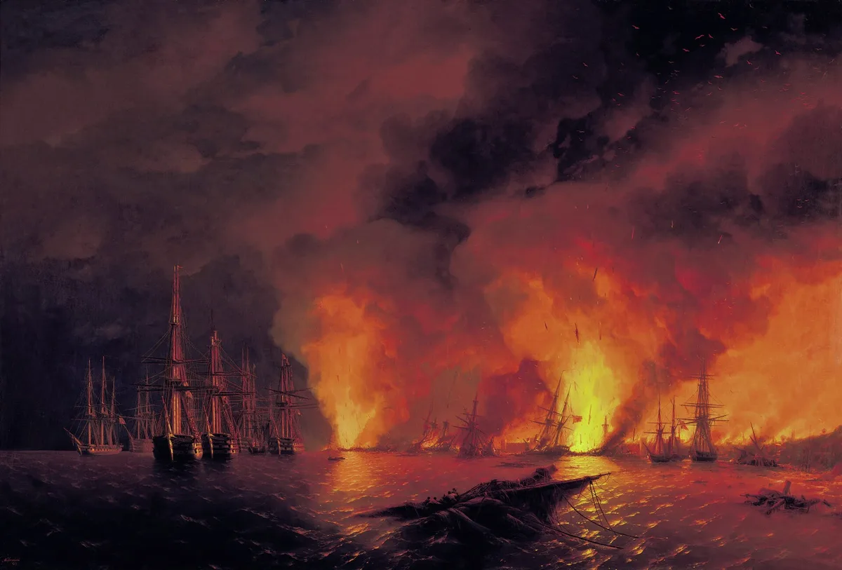 «Синопский бой. Ночь после боя» (И. Айвазовский, 1853) — последний крупный бой парусных флотов: турецкая эскадра уничтожена полностью