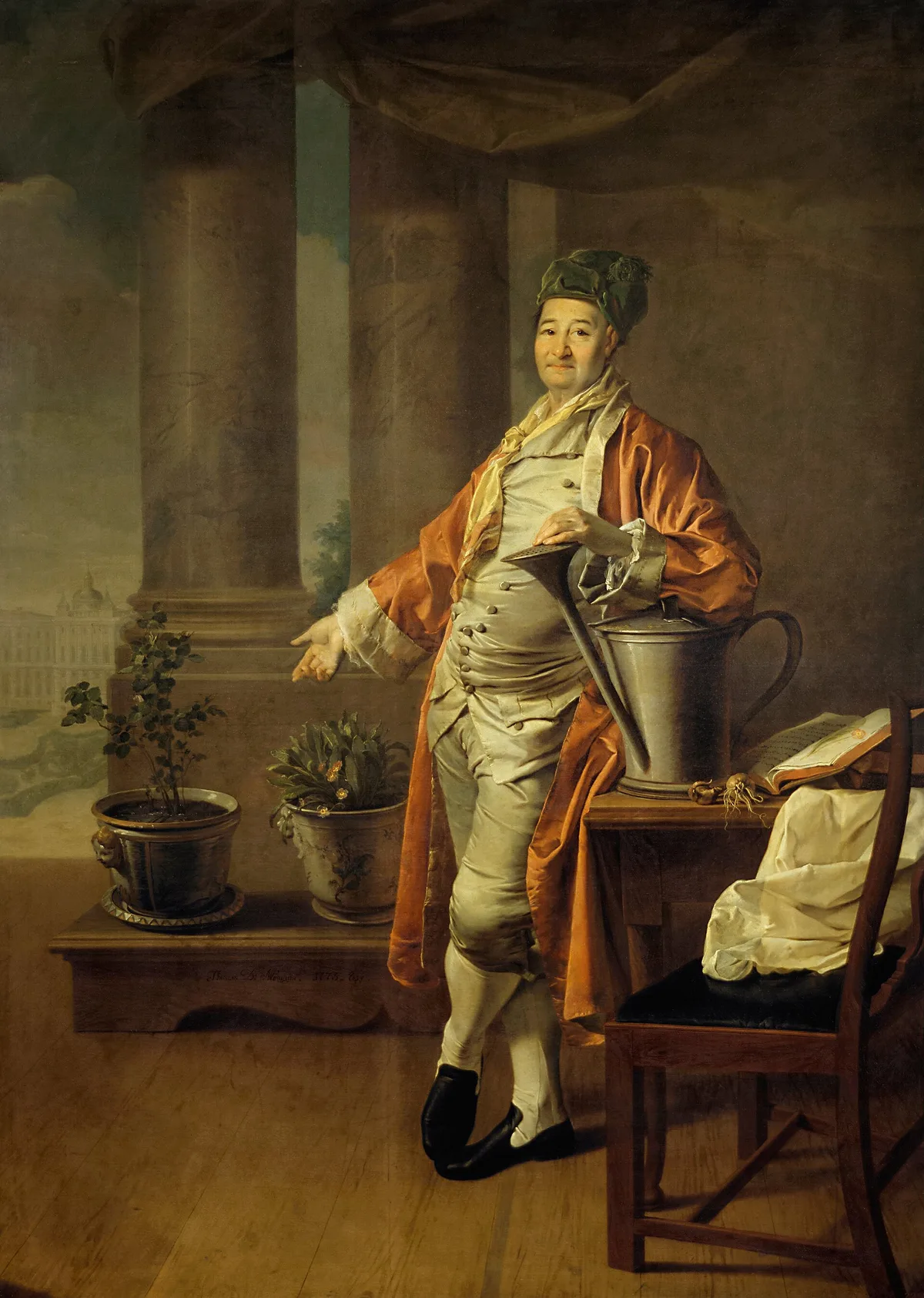 Портрет П. А. Демидова (Д. Левицкий, 1773) — парадный портрет с живыми деталями: заводчик изображён с лейкой и цветочными горшками