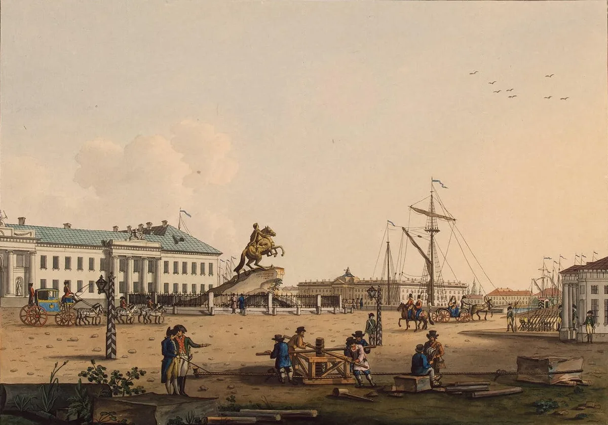 «Медный всадник» Э. Фальконе на Сенатской площади (Б. Патерсен, 1799) — символ Петербурга: царь на вершине скалы, «эмблемы побеждённых им трудностей»