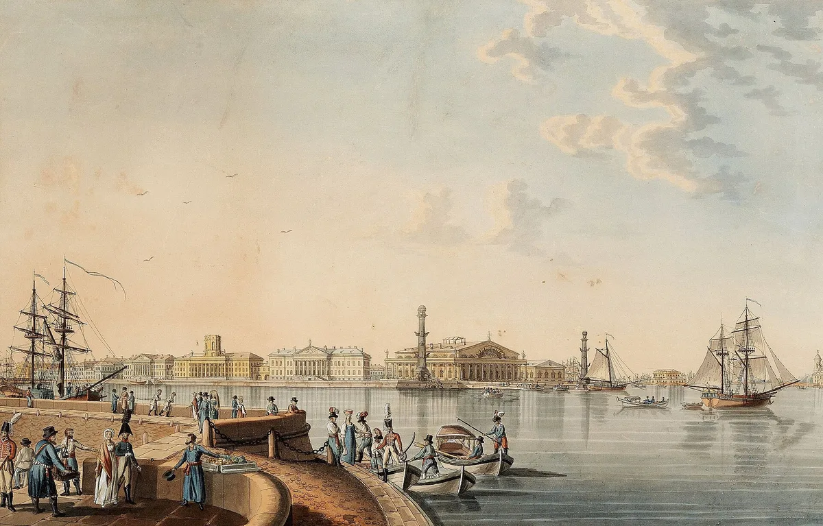 Стрелка Васильевского острова (Б. Патерсен, 1807): слева — Кунсткамера с башней (1714) и здание Академии наук Дж. Кваренги — образец классицизма