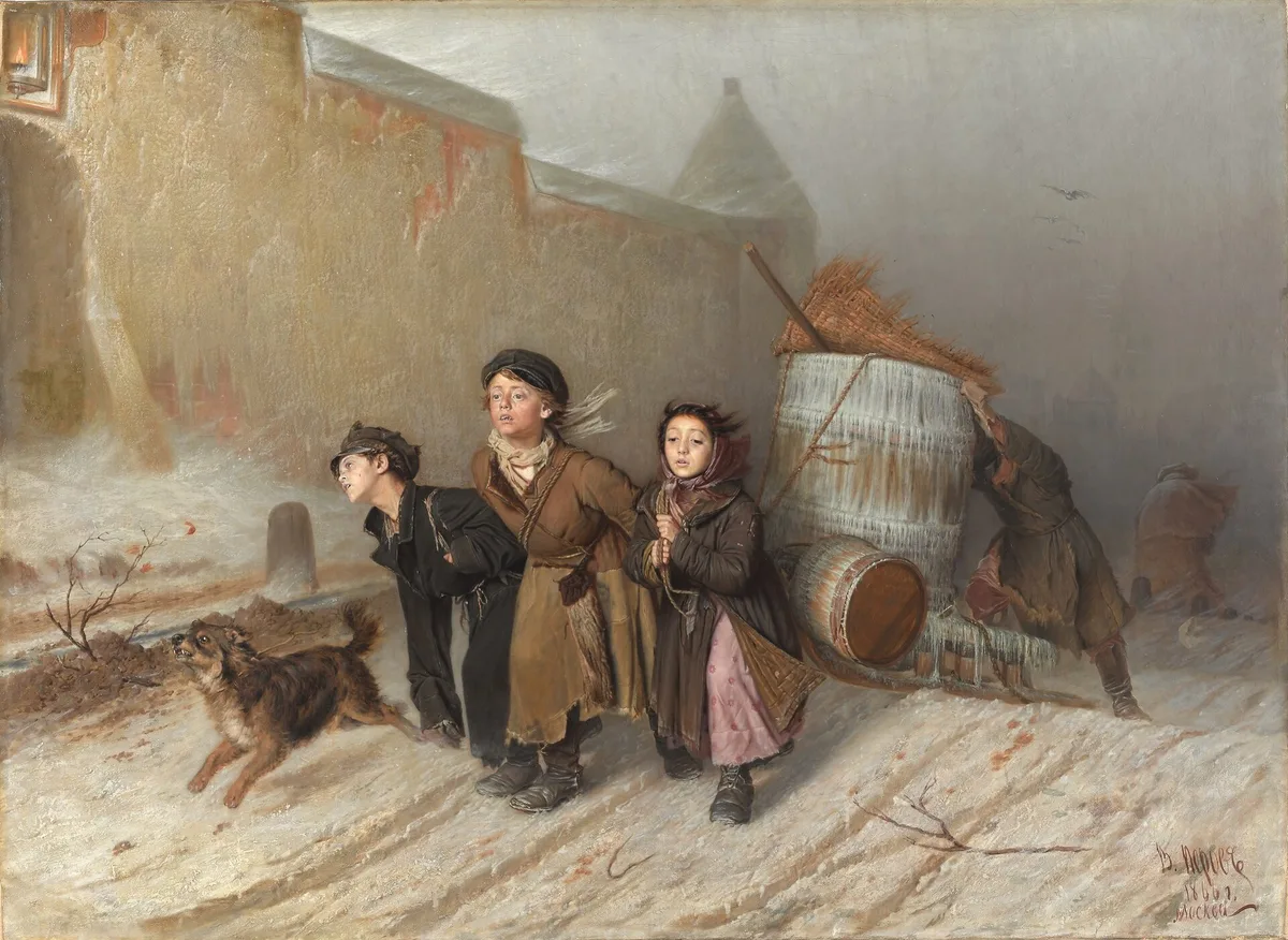 «Тройка. Ученики-мастеровые везут воду» (В. Перов, 1866) — самое сильное полотно критического реализма о жизни детей низших сословий
