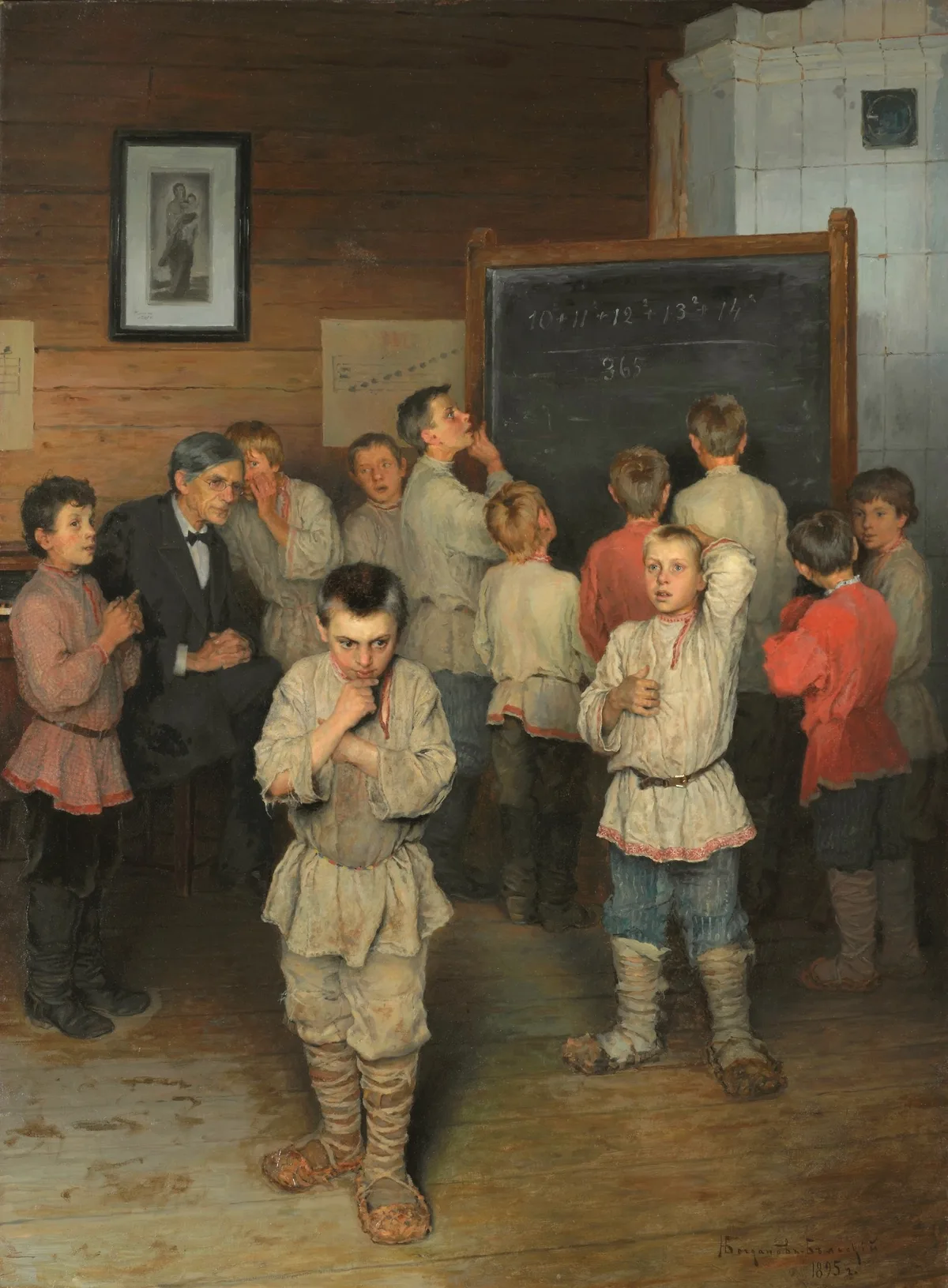 «Устный счёт. В народной школе С. А. Рачинского» (Н. Богданов-Бельский, 1895) — крестьянские дети решают задачу в уме; Рачинский создал целую сеть школ