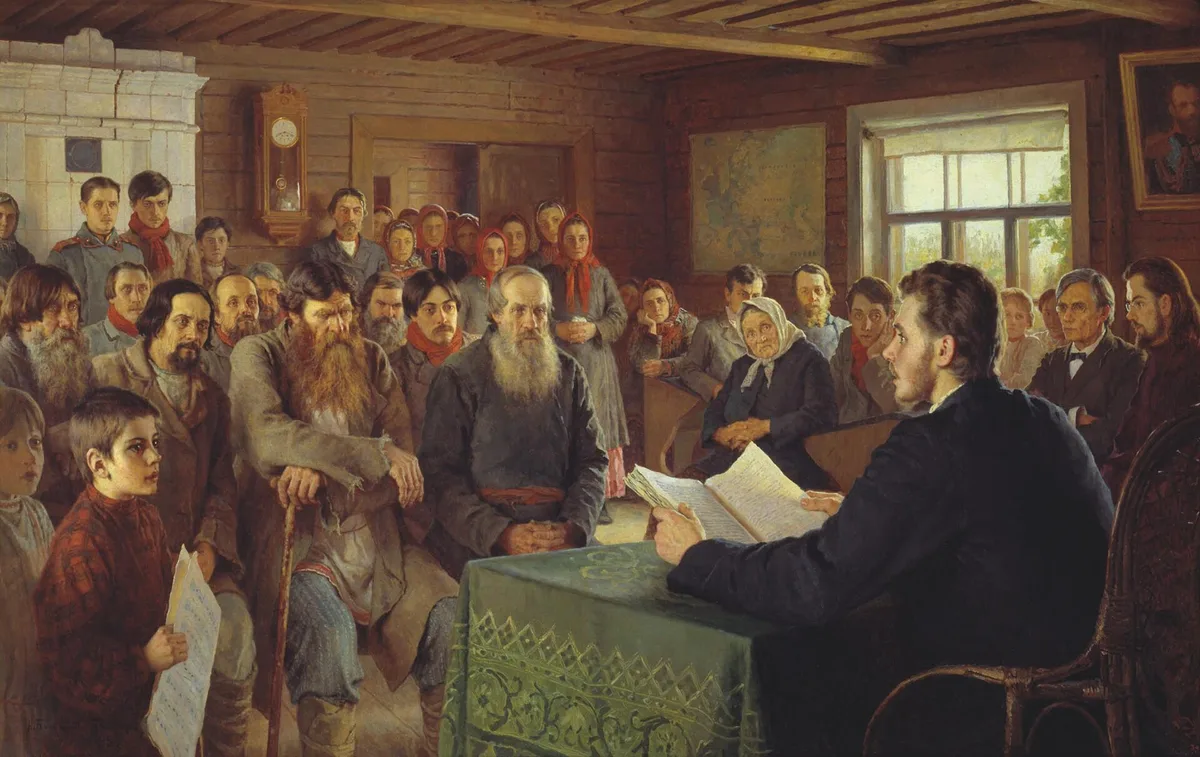 «Воскресное чтение в сельской школе» (Н. Богданов-Бельский, 1895) — в воскресных школах азы грамоты получали взрослые: рабочие, солдаты, крестьяне