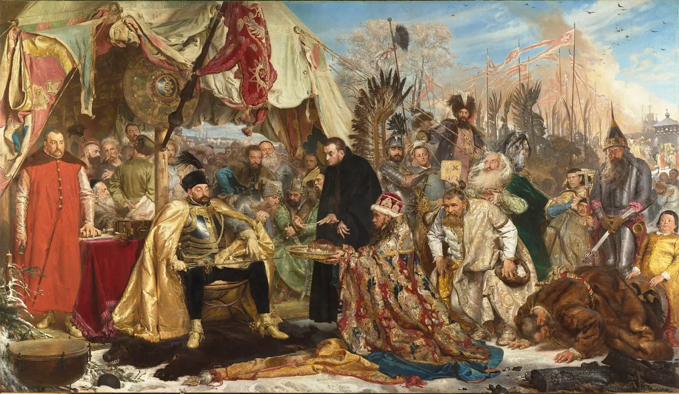 «Стефан Баторий под Псковом» (Ян Матейко, 1872) — аллегория переговоров о мире (в чёрном — папский посол-иезуит Антонио Поссевино); в реальности переговоры шли не под Псковом, а в Яме-Запольском