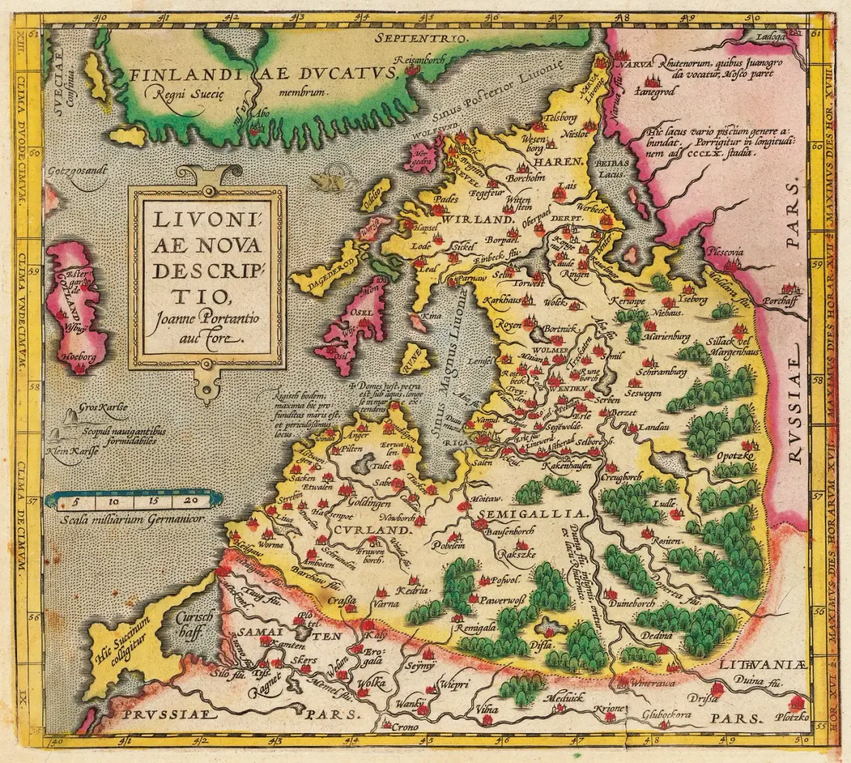 Ливония на карте XVI века (A. Ortelius, «Livoniae Nova Descriptio», 1573) — театр войны: Рига, Ревель, Дерпт, Нарва
