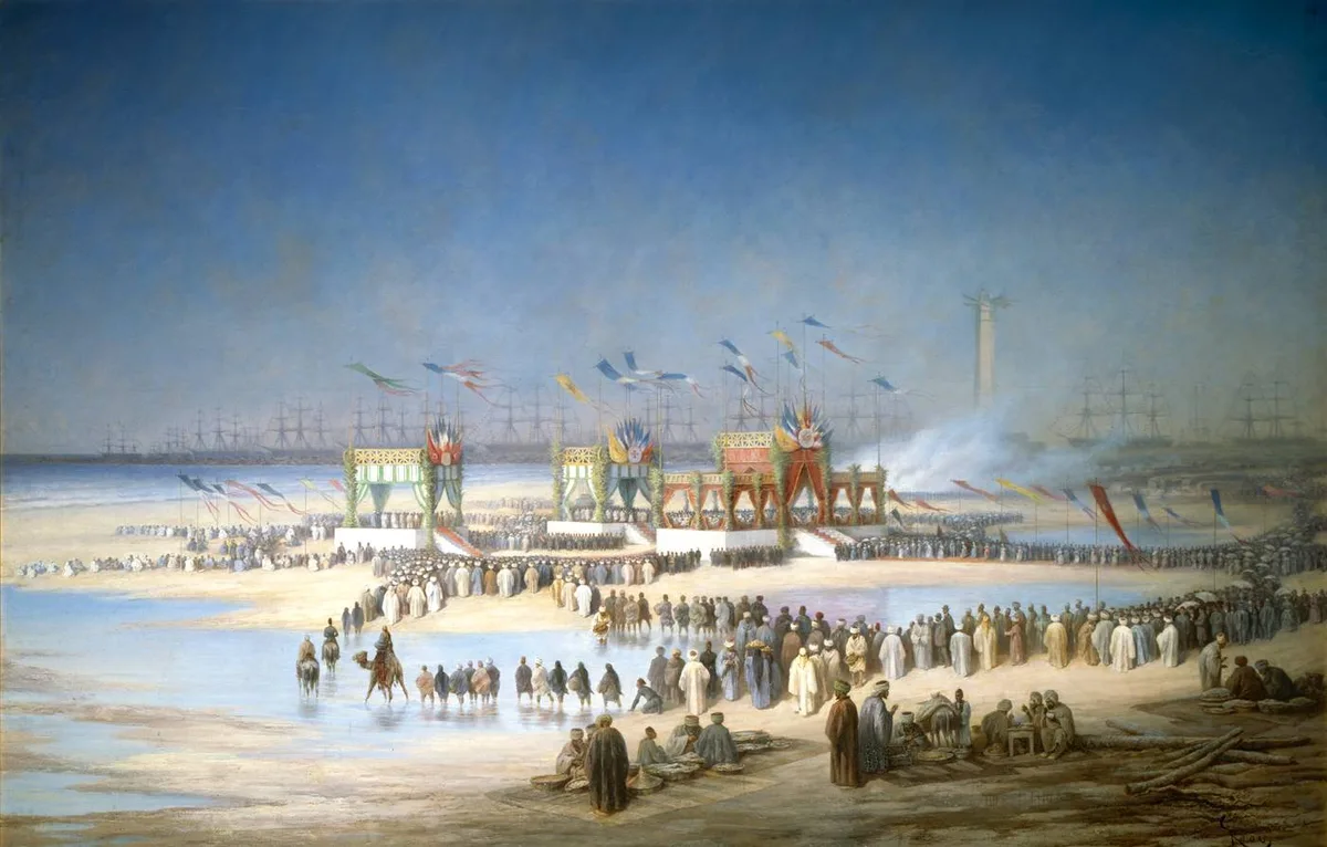 Открытие Суэцкого канала, 17 ноября 1869 года (Э. Риу). Кратчайший путь из Европы в Индию сразу стал предметом соперничества великих держав: в 1875 году контроль над каналом перешёл к Великобритании