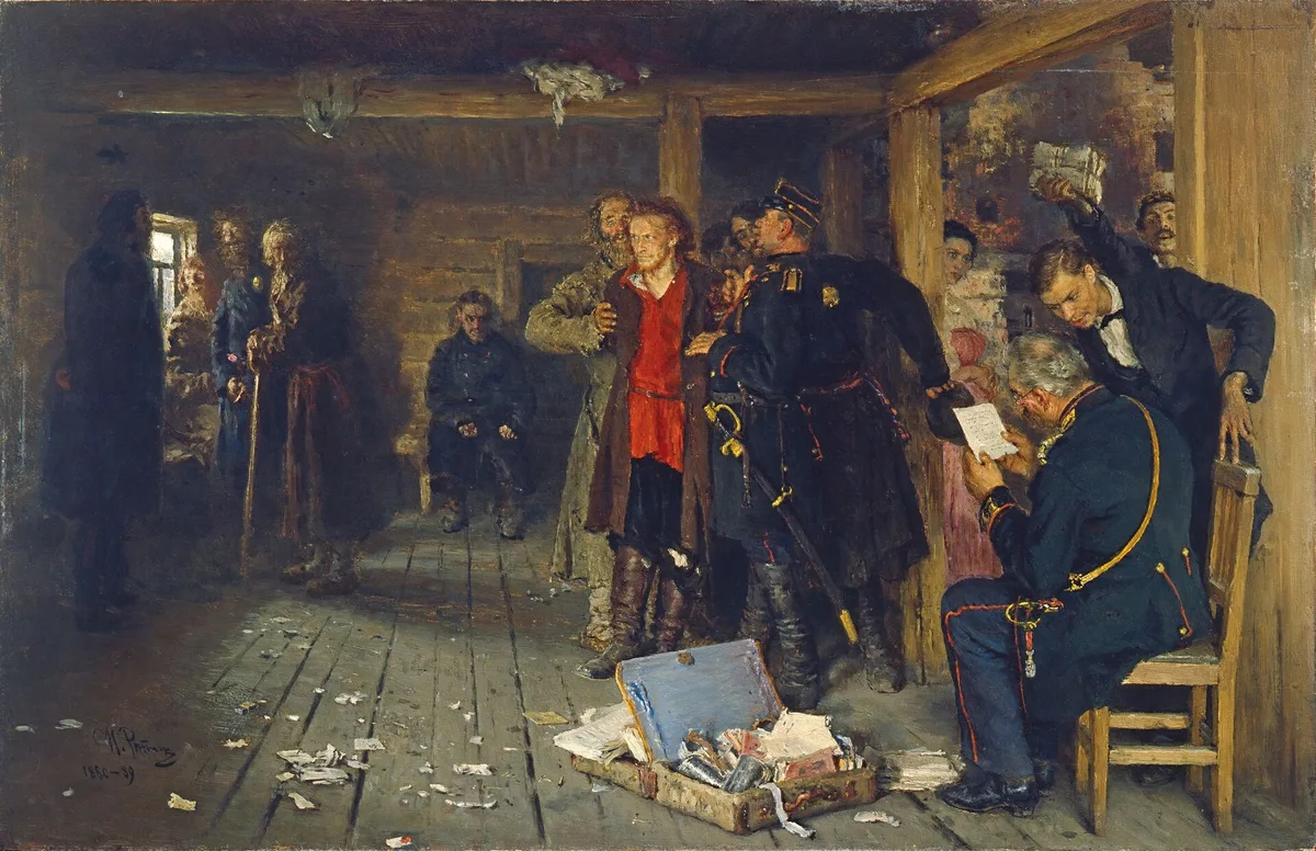 «Арест пропагандиста» (И. Репин, 1880–1889) — итог «хождения в народ»: на полу чемодан с прокламациями, крестьяне выдали агитатора