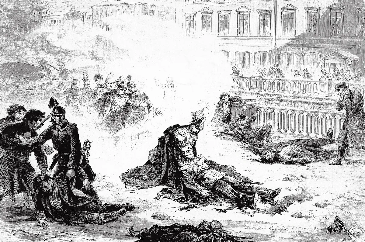 Покушение на Александра II 1 марта 1881 года (гравюра Г. Бролинга) — террор дал результат, обратный ожидаемому: вместо революции начались контрреформы