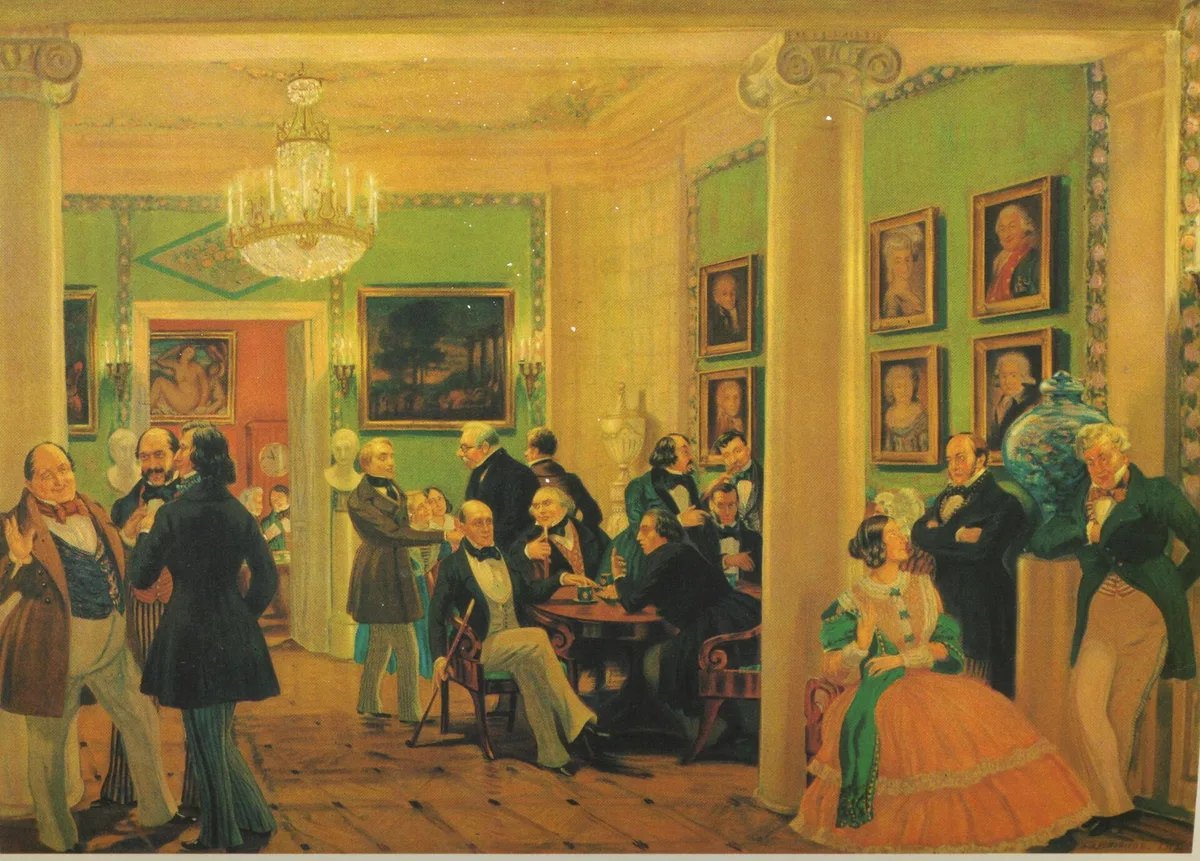 «В московской гостиной 1840-х гг.» (Б. Кустодиев) — салон А. Елагиной: за столом Чаадаев, Грановский, К. Аксаков, И. Киреевский; справа Герцен