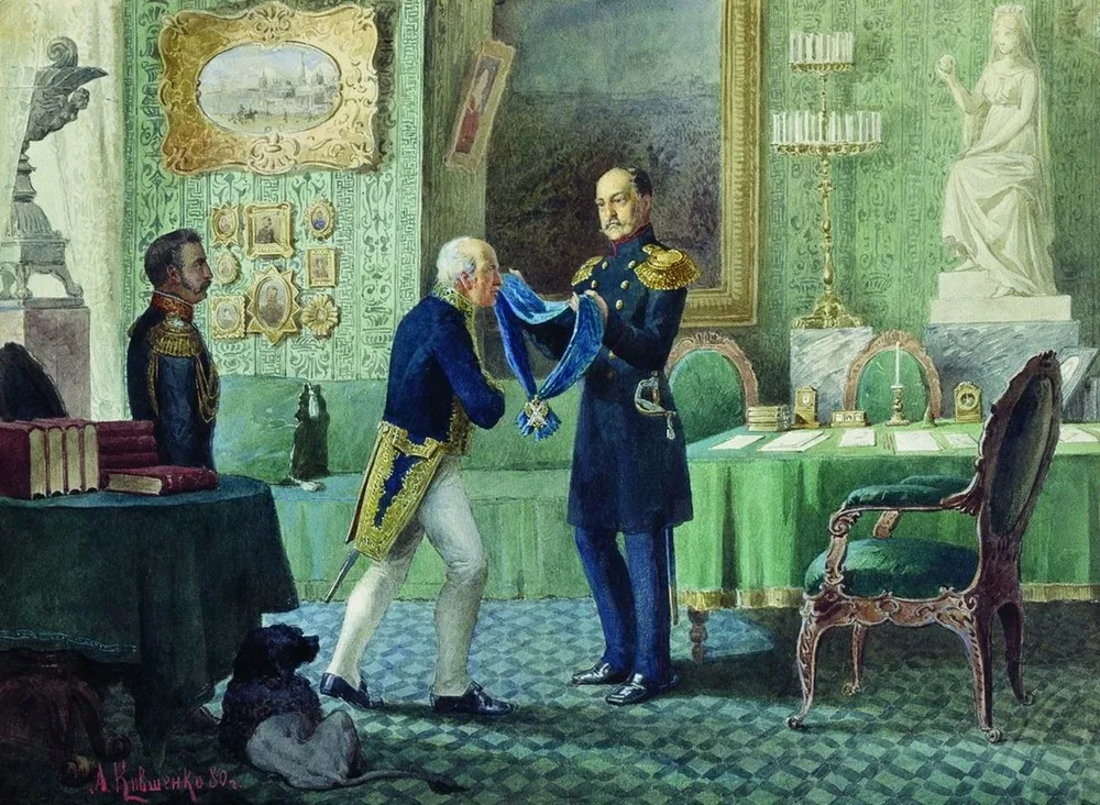 «Николай I награждает М. М. Сперанского за составление Свода законов» (А. Кившенко, 1880) — орден Андрея Первозванного император снял с себя