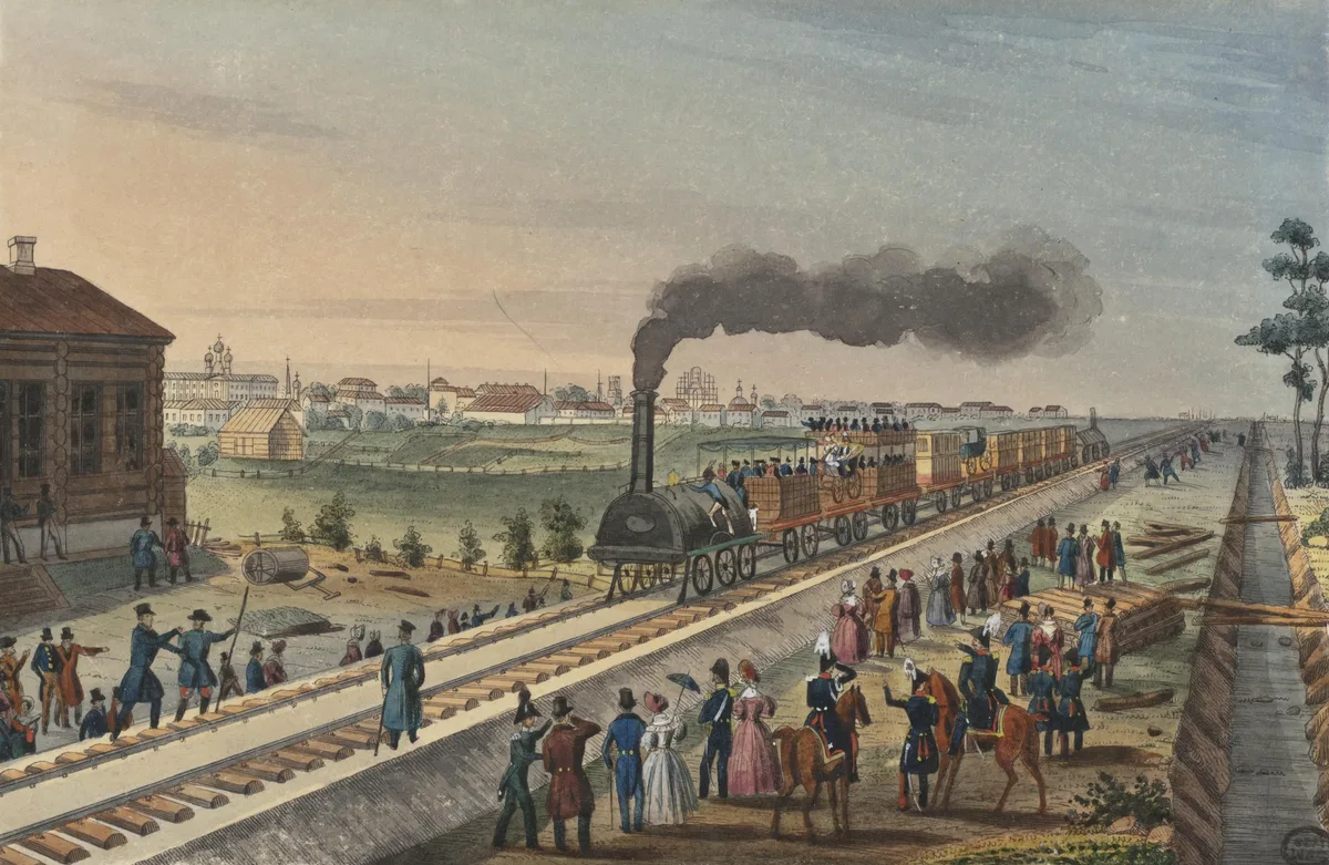 Царскосельская железная дорога (К. Беггров, 1840-е) — открыта в 1837 г.; всего при Николае I проложено 980 вёрст против 6000 км в Германии