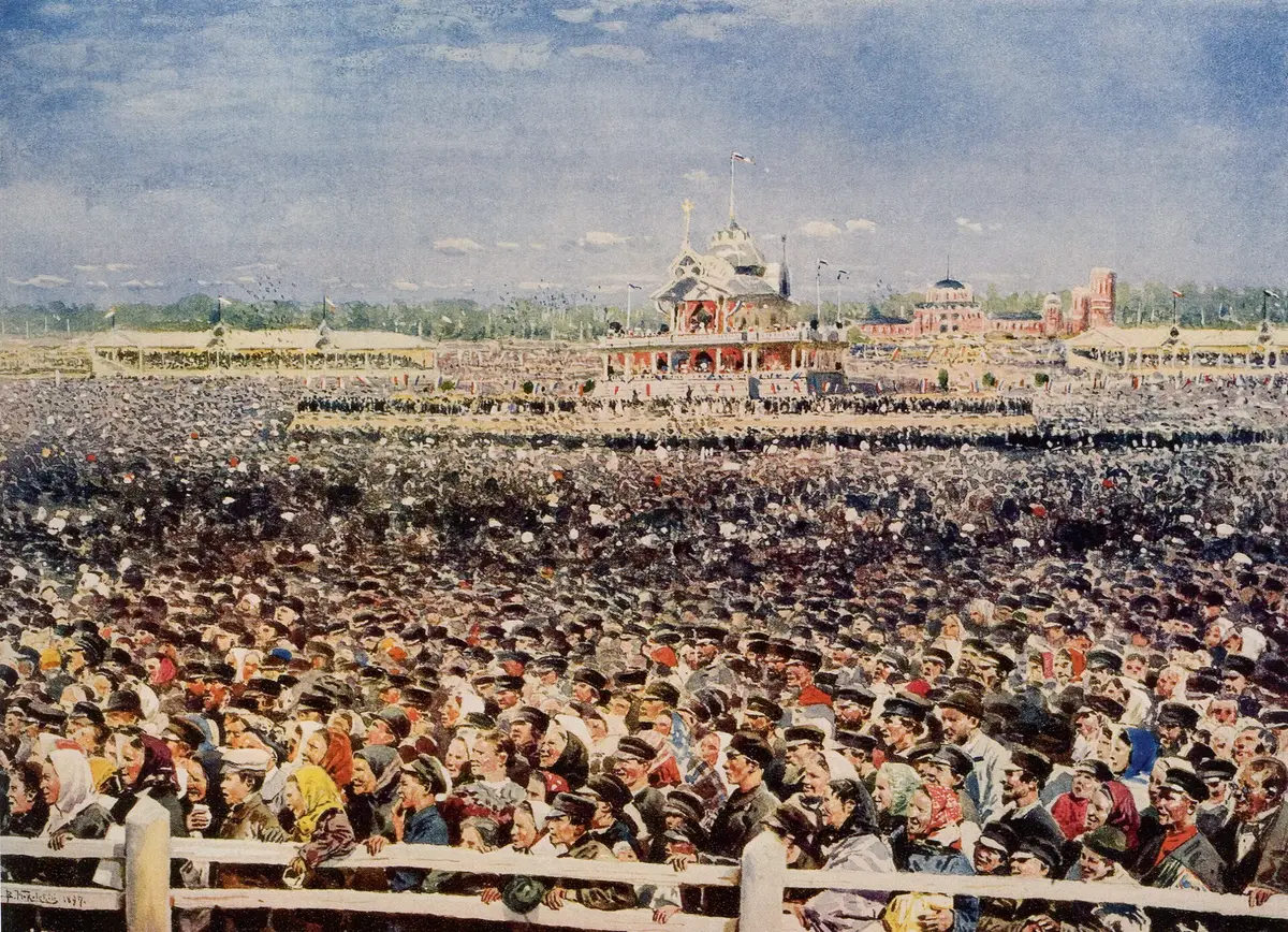 «Ходынка» (В. Маковский, 1899) — народные торжества 18 мая 1896 года, обернувшиеся давкой: погибло 1379 человек