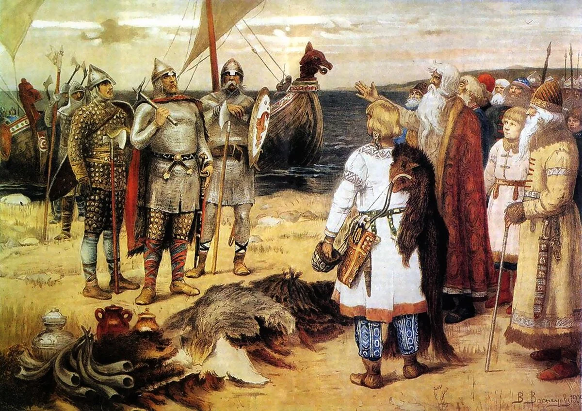 В. М. Васнецов. «Призвание варягов» (1909) — Рюрик с братьями прибывает на землю славян