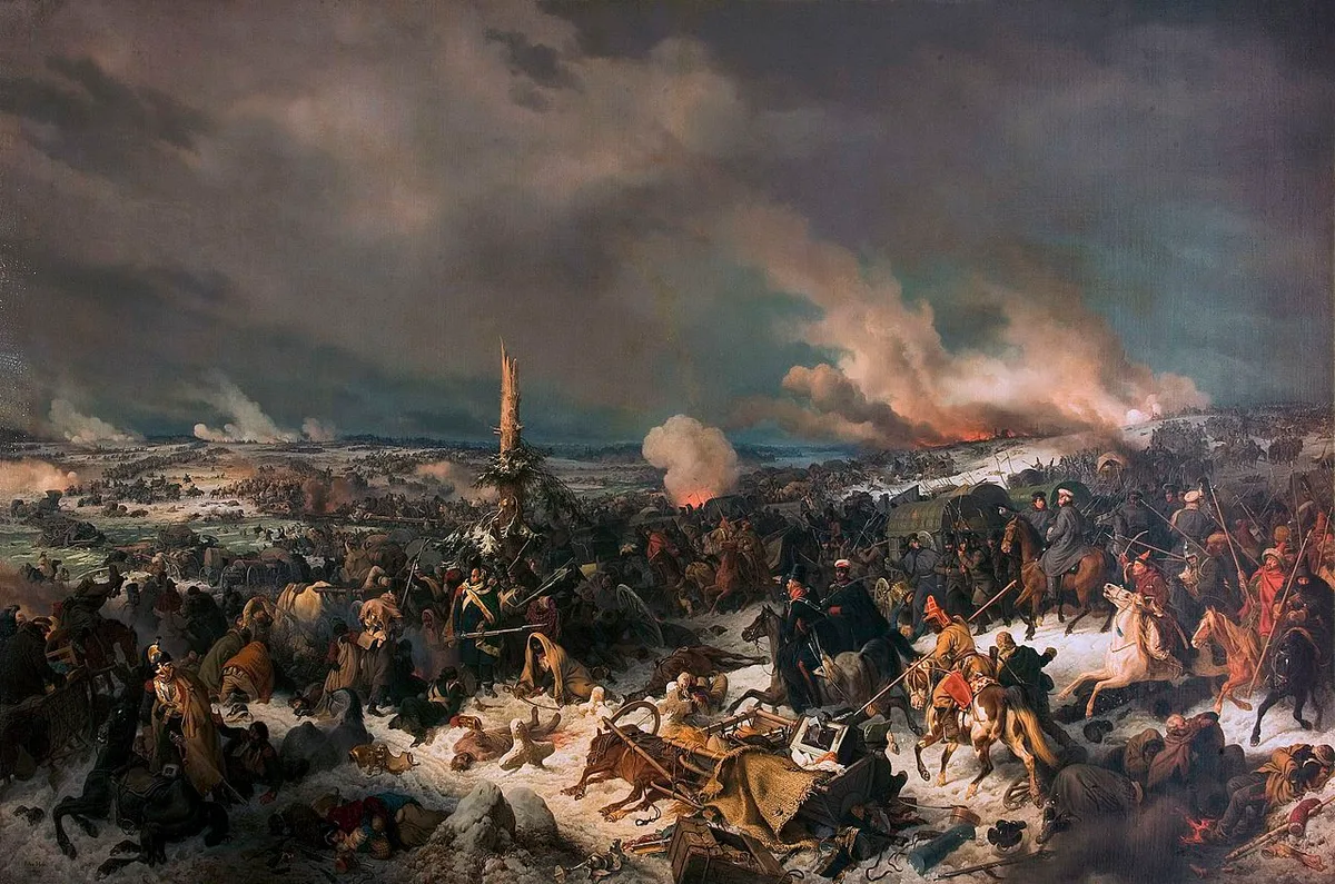 Переправа через Березину 17 (29) ноября 1812 г. (П. фон Хесс, 1844) — катастрофа Великой армии: потеряно до 50 тыс. человек