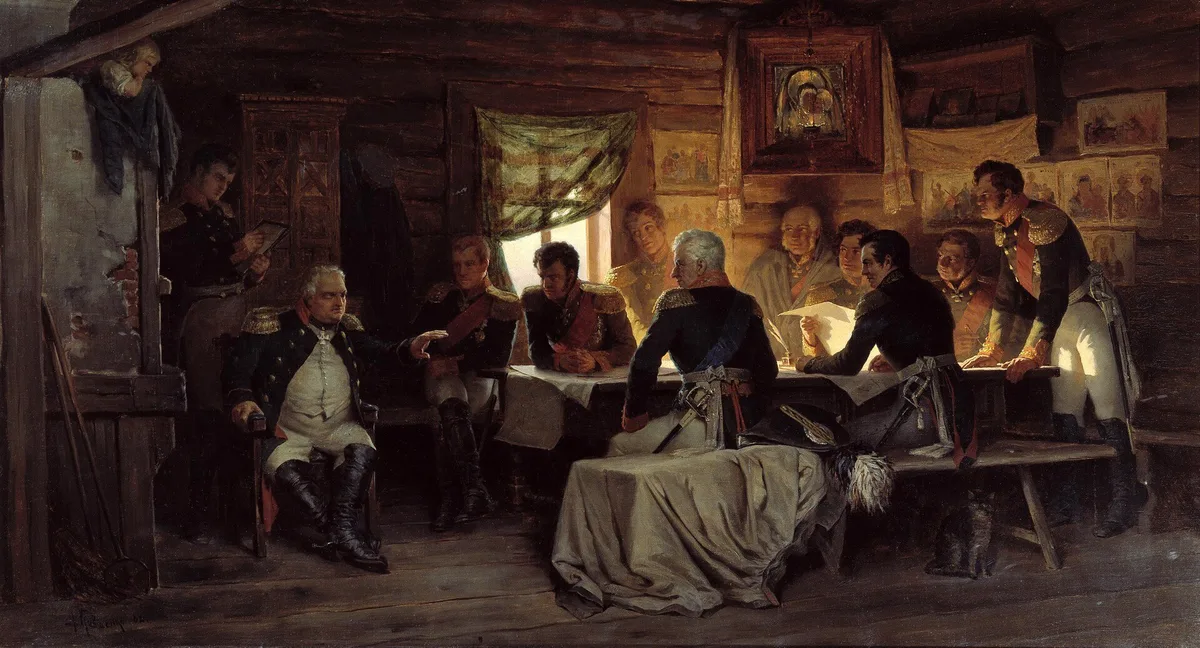 «Военный совет в Филях в 1812 году» (А. Кившенко, 1880) — Кутузов настоял оставить Москву: «С потерянием Москвы не потеряна ещё Россия»
