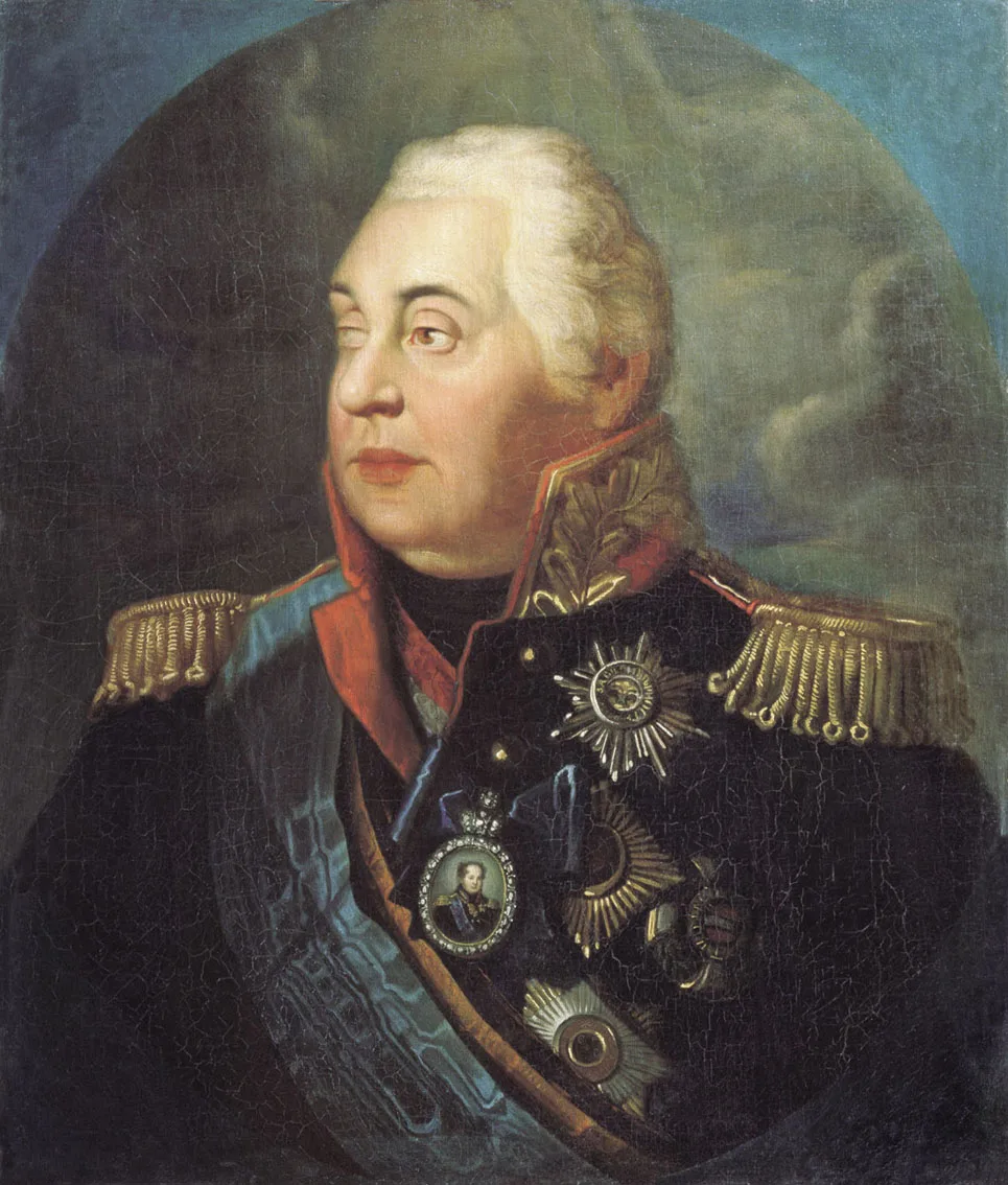 М. И. Кутузов (Р. Волков) — главнокомандующий с 8 августа 1812 г.; на груди медальон с портретом Александра I, справа виден след ранения в голову