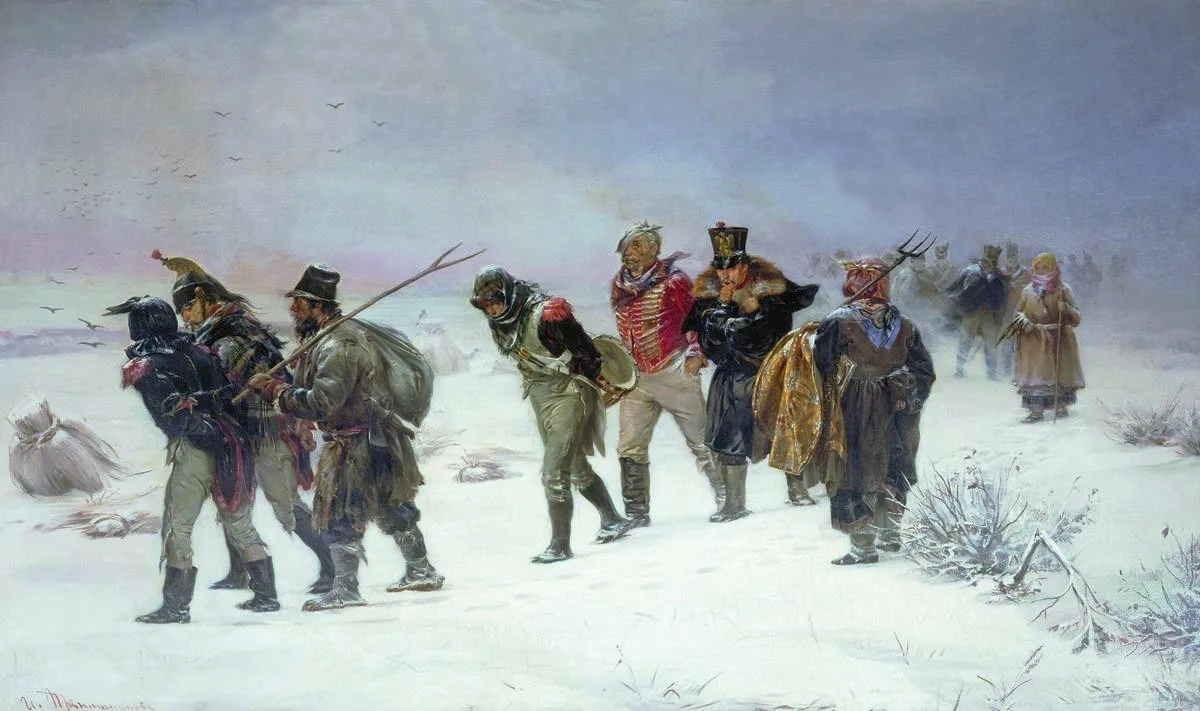 «В 1812 году» (И. Прянишников, 1874) — русские крестьяне с вилами конвоируют пленных французов: «дубина народной войны» в действии