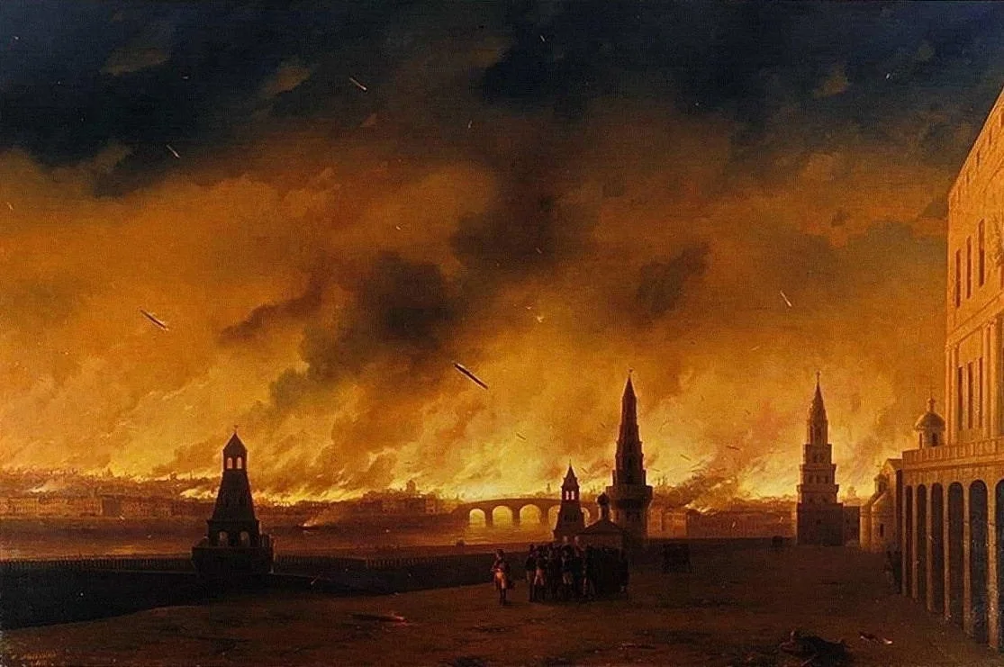 «Пожар Москвы в 1812 году» (И. Айвазовский, 1851) — сгорело 2/3 строений города; «огнегасительные снаряды» были вывезены заранее