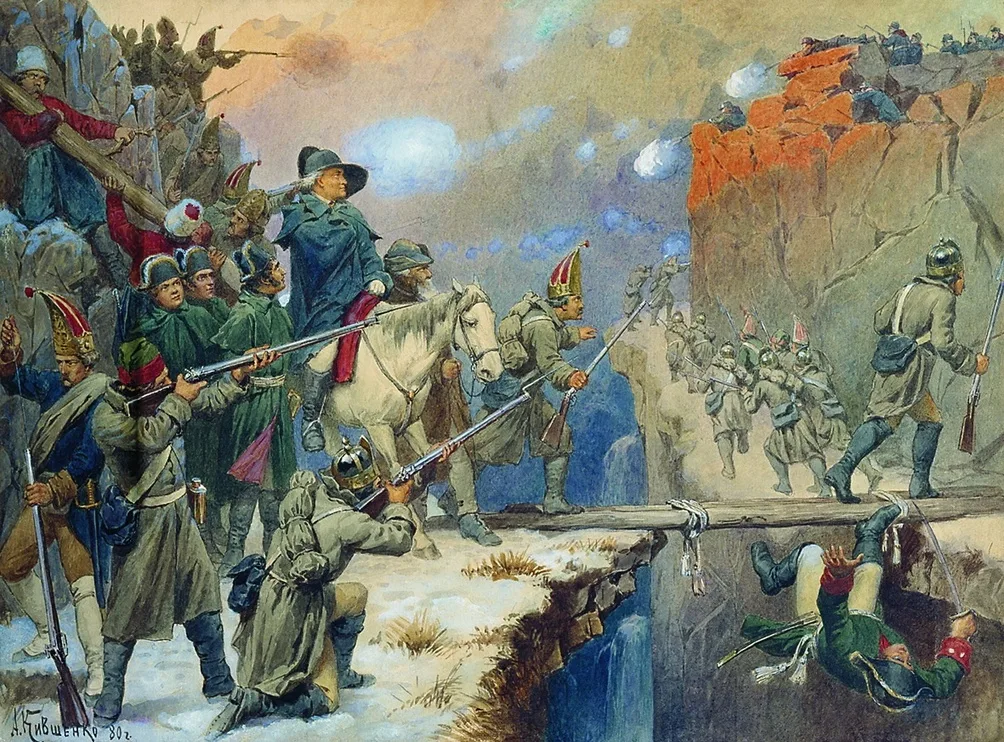 «Переход через Чёртов мост» (А. Кившенко) — сапёры связывали брёвна офицерскими шарфами и ружейными ремнями