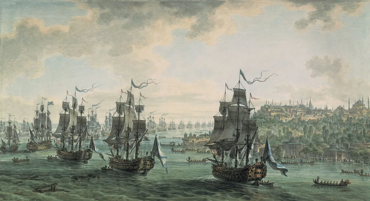 Эскадра Ф. Ушакова идёт Константинопольским проливом, 8 сентября 1798 г. (М. Иванов, 1799) — впервые Турция позвала Россию на помощь