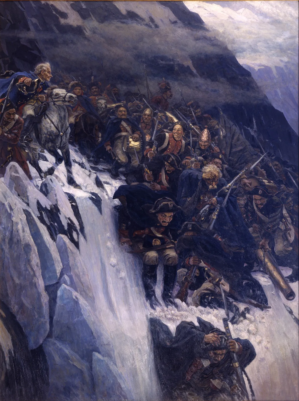«Переход Суворова через Альпы в 1799 году» (В. Суриков, 1899) — спуск с перевала Паникс в Швейцарском походе