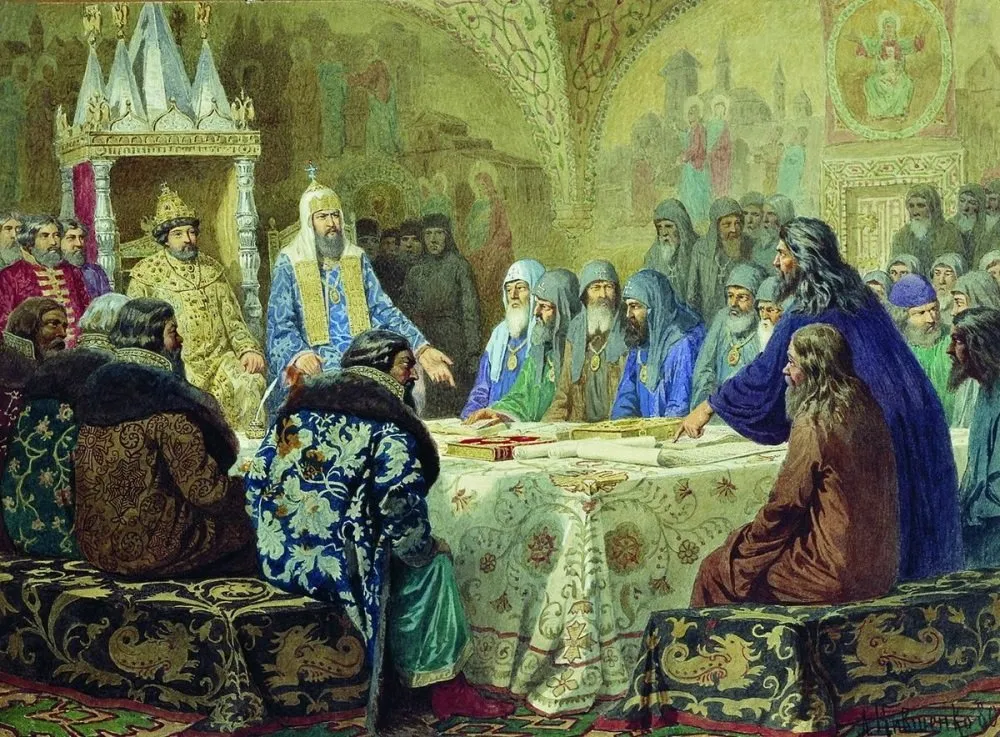 «Патриарх Никон предлагает новые богослужебные книги» (А. Кившенко) — начало церковной реформы 1653 г. и раскола