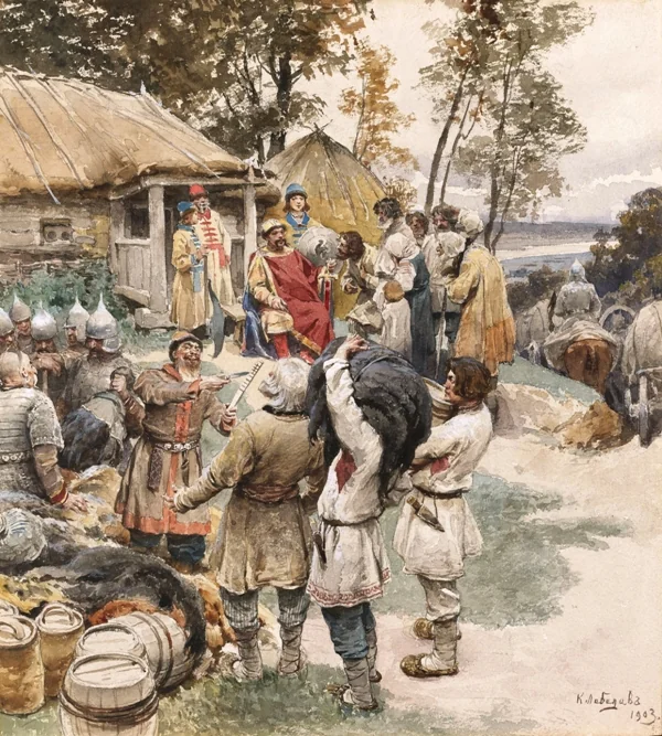 К. В. Лебедев. «Полюдье» — сбор дани князем под Искоростенем осенью 945 г. (гибель Игоря)