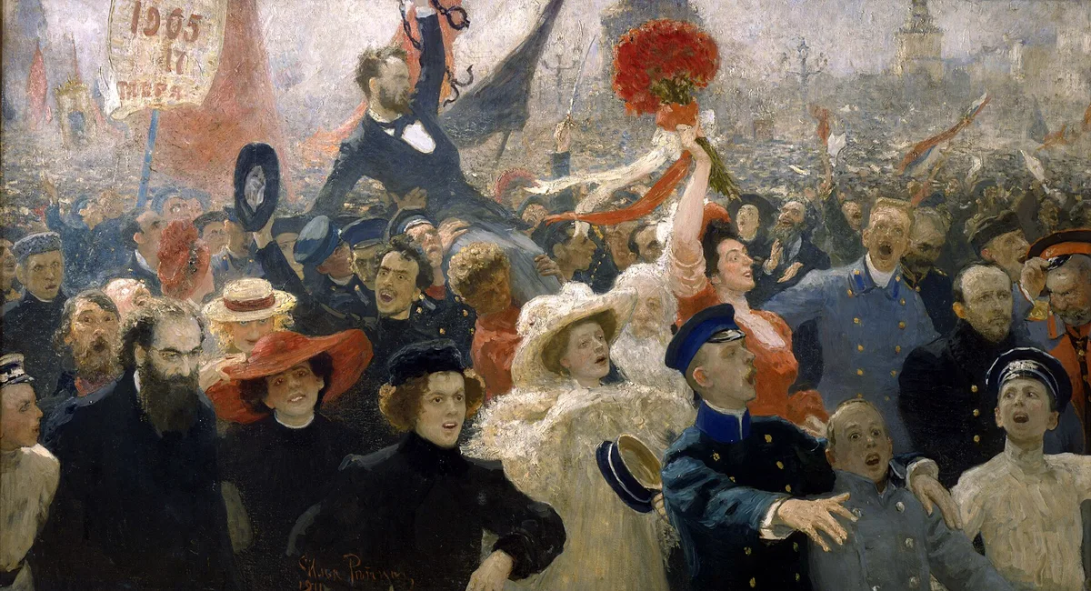 «17 октября 1905 года» (И. Репин, 1906) — ликование интеллигенции и студентов после Манифеста о гражданских свободах