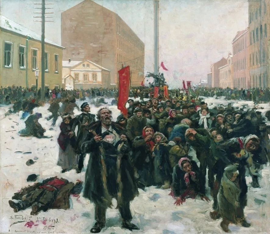 «9 января 1905 года на Васильевском острове» (В. Маковский) — «Кровавое воскресенье», расстрел мирного шествия, ставший началом революции