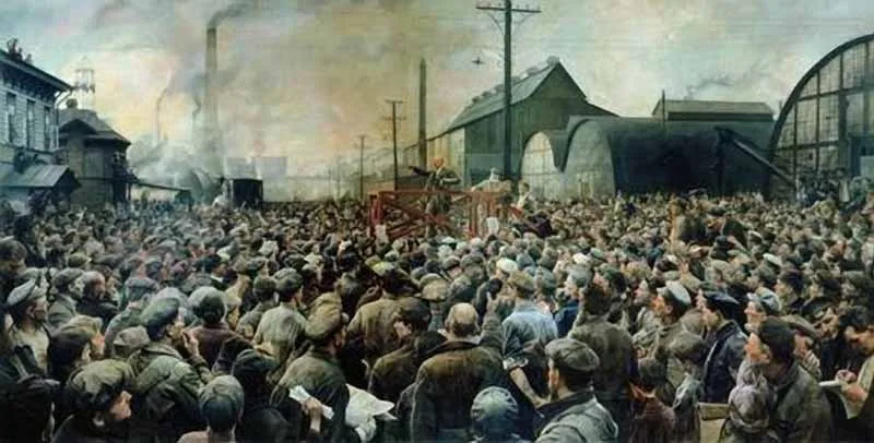 «Выступление В. И. Ленина на митинге рабочих Путиловского завода в мае 1917 года» (И. Бродский, 1929). Вернувшись в апреле из эмиграции, Ленин выдвинул лозунг «Вся власть Советам!» и программу «Апрельских тезисов»