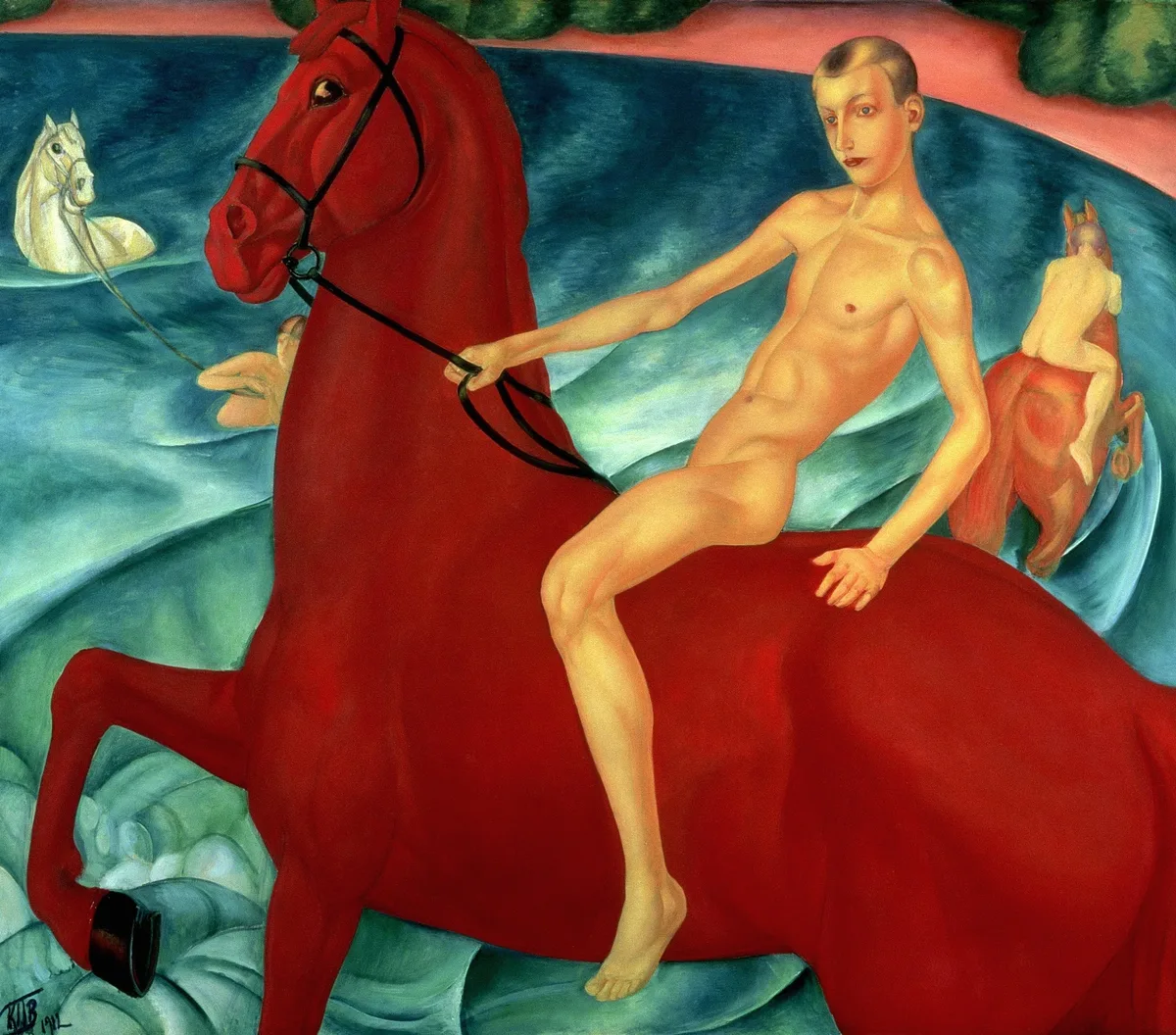 «Купание красного коня» (К. Петров-Водкин, 1912) — одна из самых знаменитых картин эпохи, символистский образ на грани авангарда