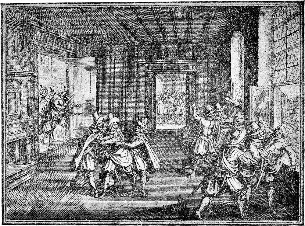 «Пражская дефенестрация» (1618): восставшие чехи выбрасывают из окна имперских наместников — искра Тридцатилетней войны