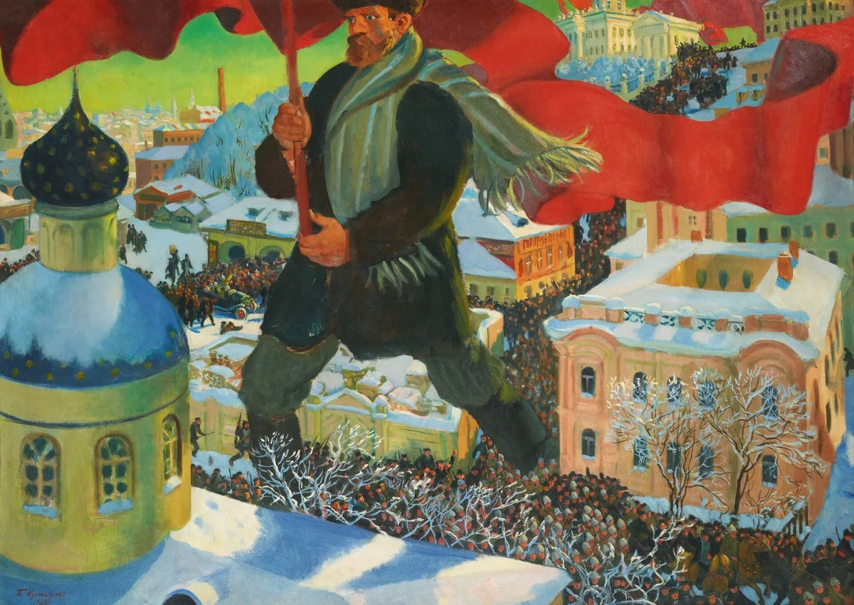 «Большевик» (Б. Кустодиев, 1920). По легенде, увидев эту картину в мастерской художника, певец Фёдор Шаляпин содрогнулся и произнёс: «Ну, пора уезжать?»
