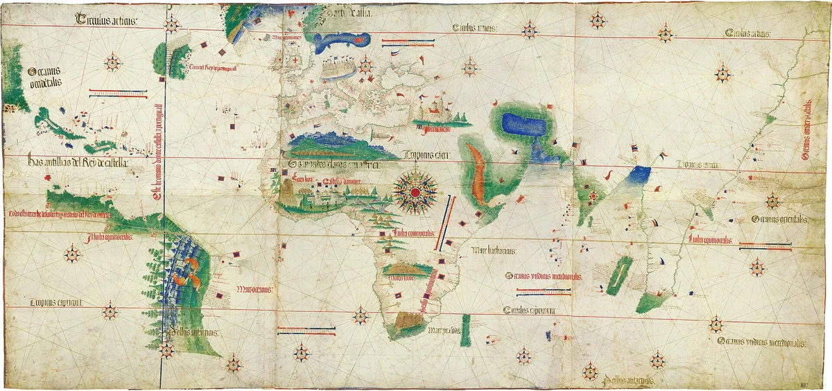 Карта мира Кантино (1502) — одна из первых, где показаны новые открытые земли и линия Тордесильясского раздела