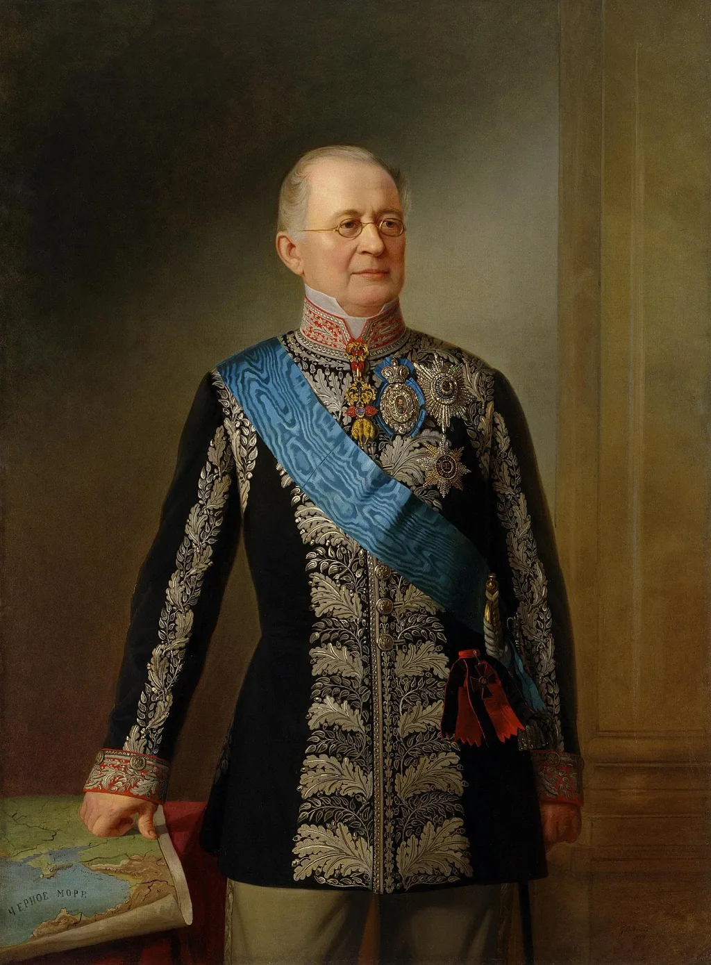 Канцлер А. М. Горчаков (Е. Ботман, 1874) — в руке карта Чёрного моря: именно отмены его нейтрализации он добился в 1871 году